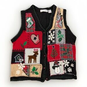 Victoria Jones Vest Women's Medium Black Christmas Sweater Vest Patchwork